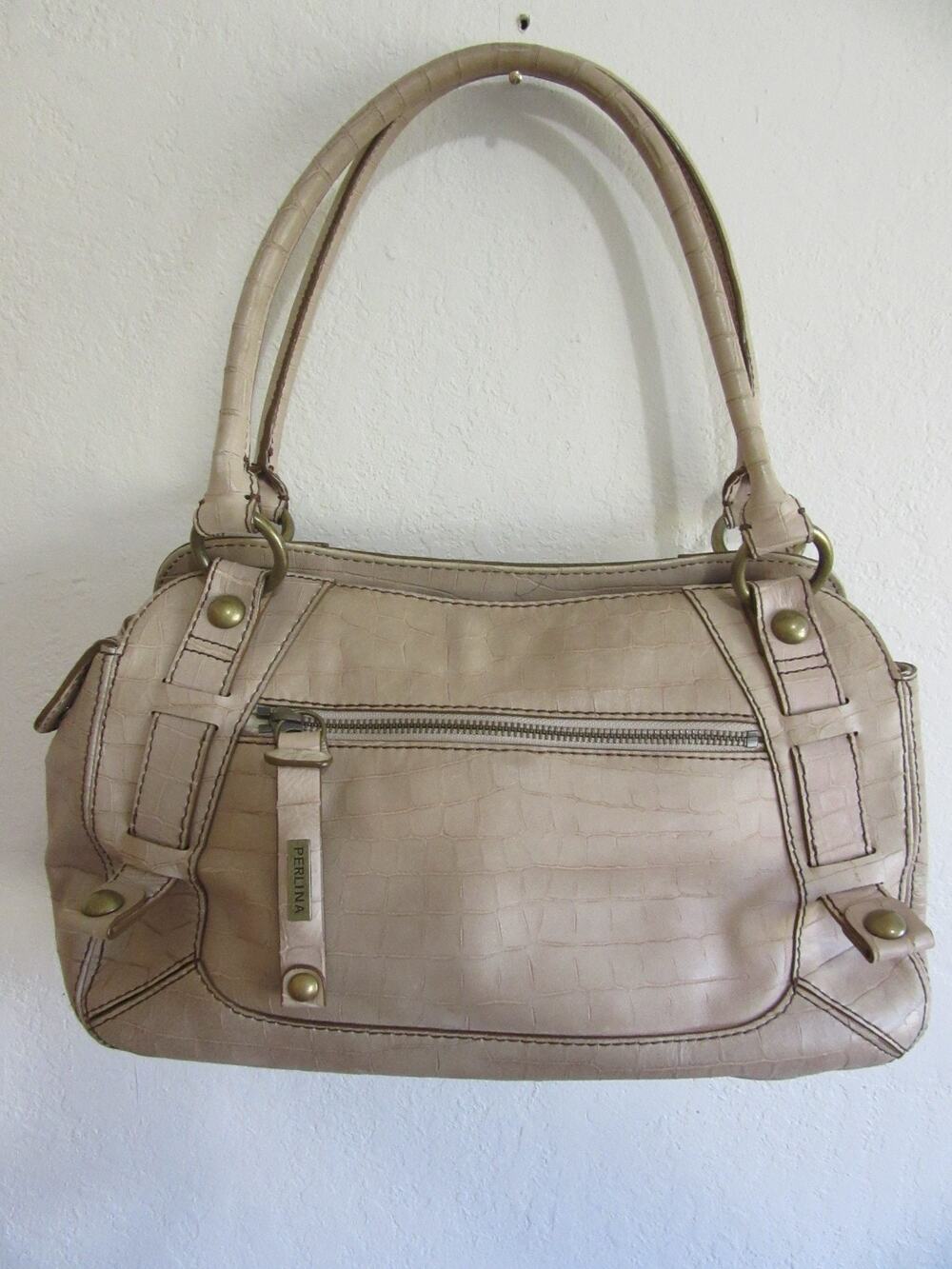 PERLINA Tan Croc Pattern Leather Double Handle Footed Tote-JB3
